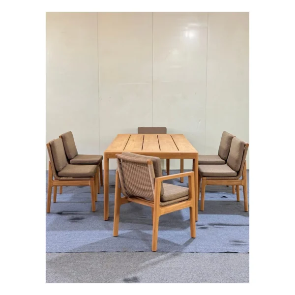 Teak Plank Outdoor Dining Set with Cushioned Chairs, 213 cm in natural oak — in a room setting