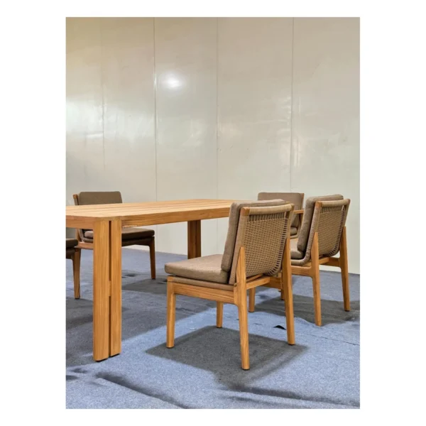Teak Plank Outdoor Dining Set with Cushioned Chairs, 213 cm in natural oak — in a room setting