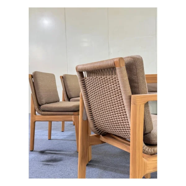 Teak Plank Outdoor Dining Set with Cushioned Chairs, 213 cm in natural oak — in a room setting