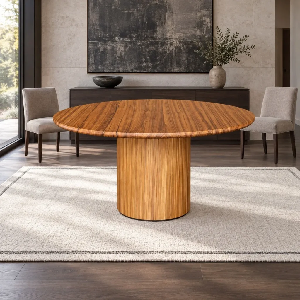 Burmese Teak Round Dining Table on Fluted Drum Base in natural oak — front view