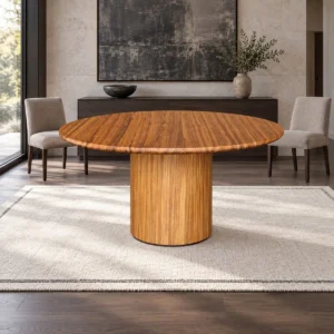 Burmese Teak Round Dining Table on Fluted Drum Base in natural oak — front view