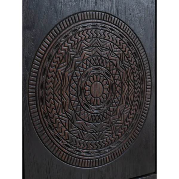 Hena Teak Small Side Cabinet with Carved Mandala Door, 60 cm in black — in a room setting