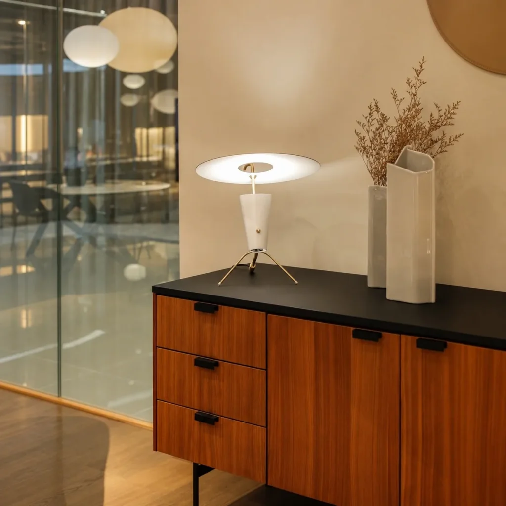 Teak Sideboard with Black Top and Drawers in walnut — front view