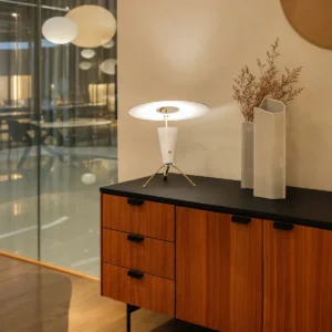 Teak Sideboard with Black Top and Drawers — front view