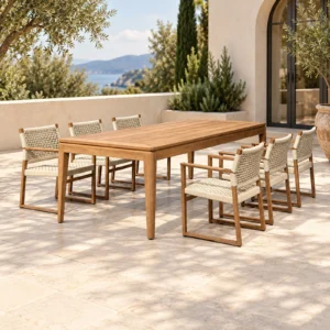 Teak Webbing Outdoor Dining Set in teak — front view