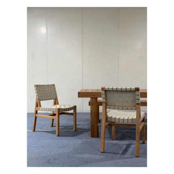 Teak Outdoor Dining Set with Webbed Chairs and Bench in natural oak — in a room setting