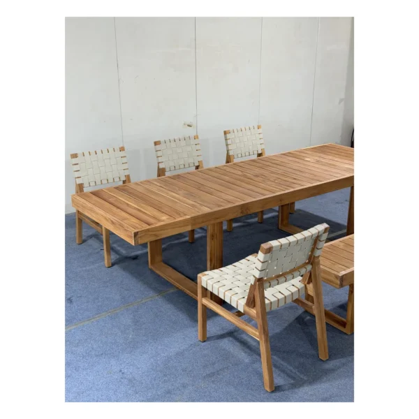 Teak Outdoor Dining Set with Webbed Chairs and Bench in natural oak — in a room setting