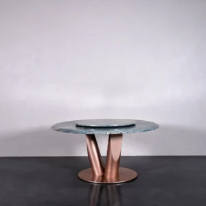 Teal Marble Round Dining Table on Rose Gold Curved Base in blue — front view
