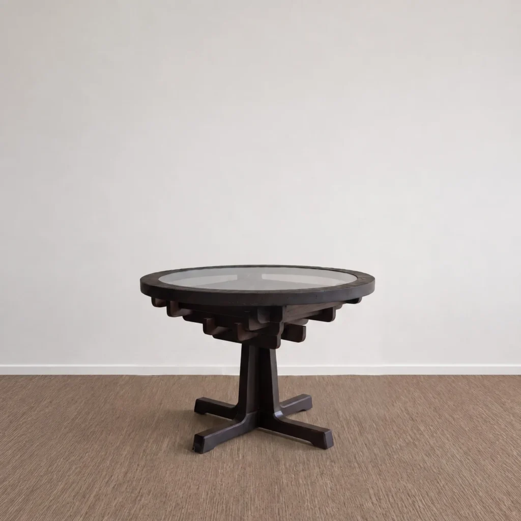 Tenon Nexus Round Glass-Top Table on Joined Wood Base in clay — front view