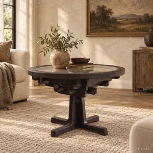 Tenon Nexus Round Glass-Top Table on Joined Wood Base in clay — in a room setting