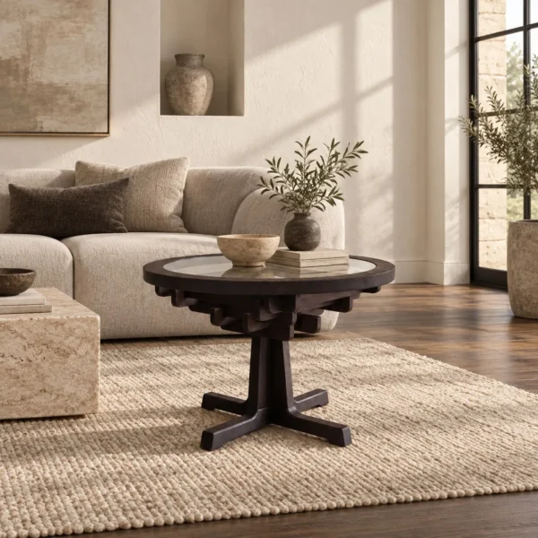 Tenon Nexus Round Glass-Top Table on Joined Wood Base in clay — in a room setting