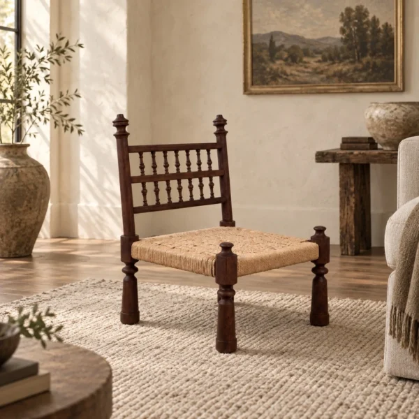 Terra Low Carved Wood Chair with Woven Seat in clay — in a room setting
