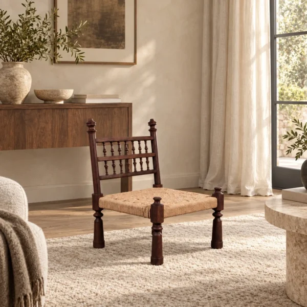 Terra Low Carved Wood Chair with Woven Seat in clay — in a room setting