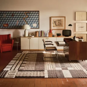 Terracotta Low Saturation Geometric Textured Rug in rust — front view
