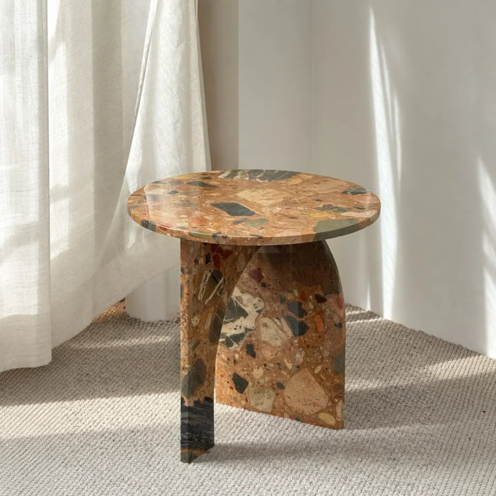 Warm Terrazzo Marble Side Table on Sculpted Slab Base in clay — front view