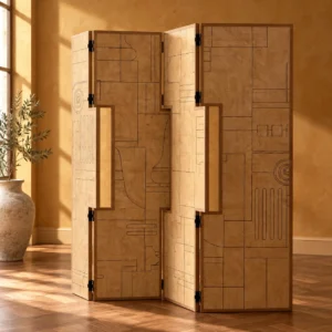 Etched Line-Art Wood Folding Screen in natural oak — front view