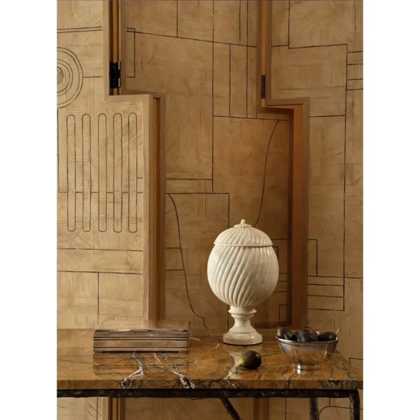 Etched Line-Art Wood Folding Screen in natural oak — in a room setting