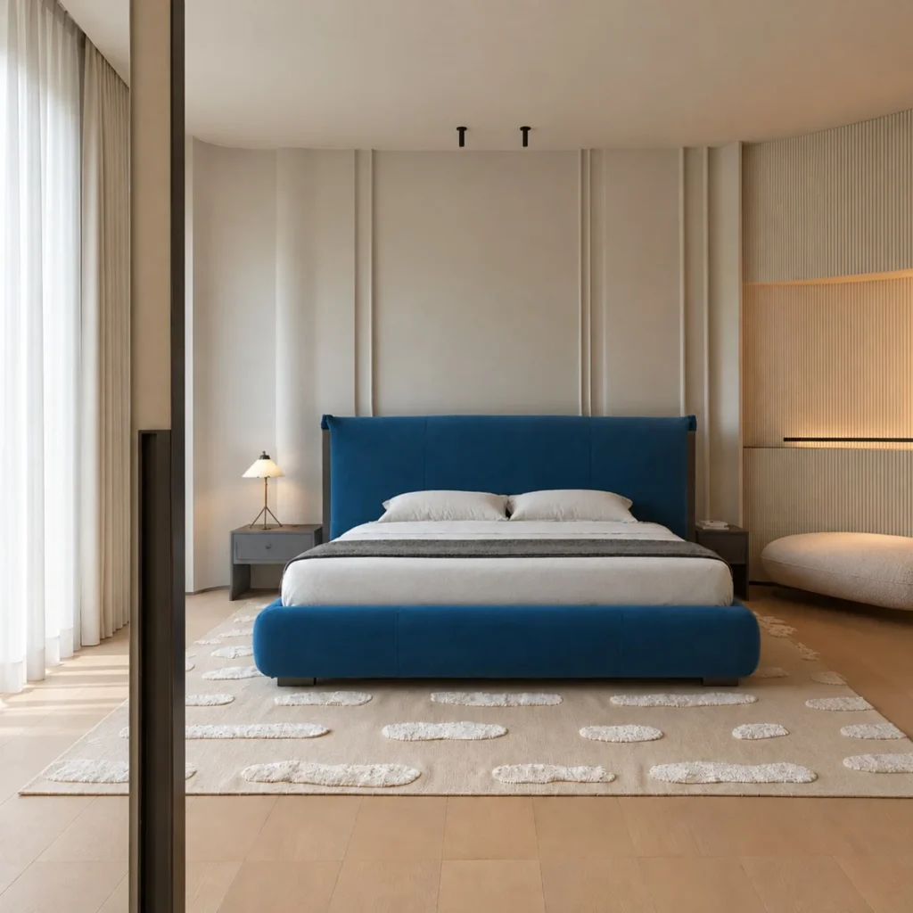 Deep Blue Upholstered Bed with Dark Trim in blue — front view