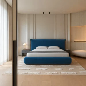Deep Blue Upholstered Bed with Dark Trim in blue — front view
