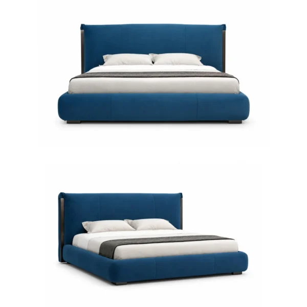 Deep Blue Upholstered Bed with Dark Trim in blue — in a room setting