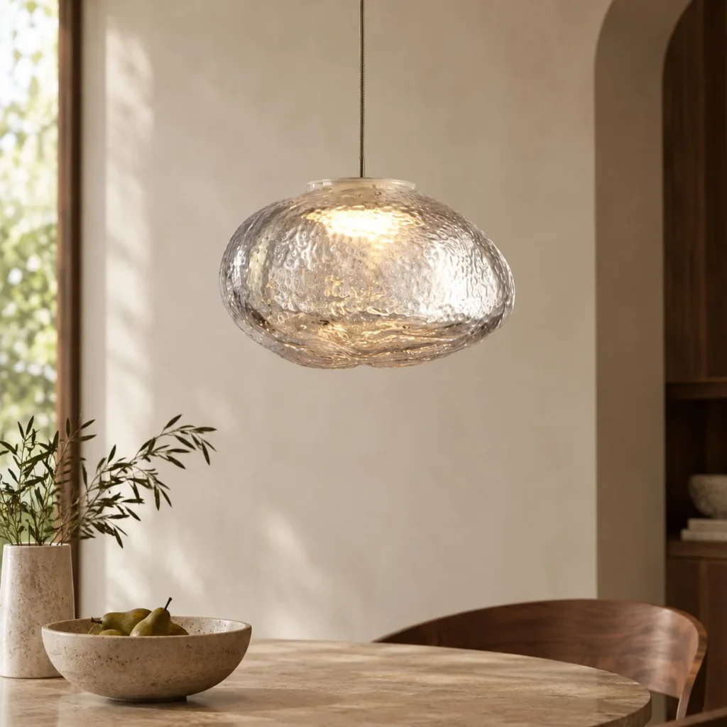 Textured Glass Disc Pendant Light, Two Sizes in ivory — front view