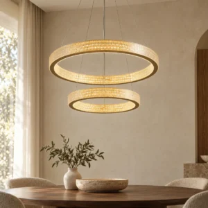 Textured Gold Double Ring Chandelier, 75 cm in brushed brass — front view