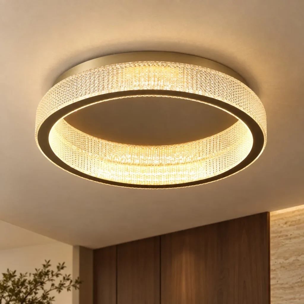 Textured Gold Ring Flush Ceiling Light in brushed brass — front view