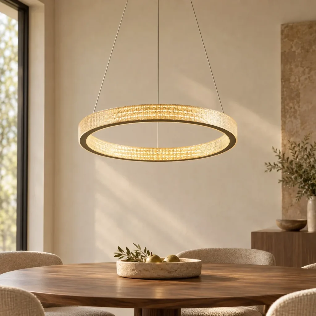 Textured Gold Single Ring Pendant Light, 50 or 75 cm in brushed brass — front view
