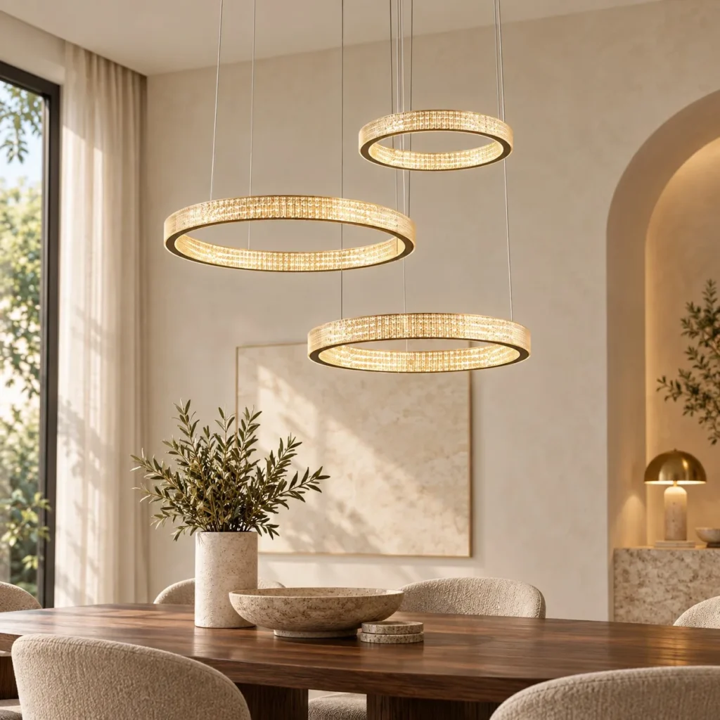 Textured Gold Staggered Triple Ring Chandelier, 125 cm in brushed brass — front view