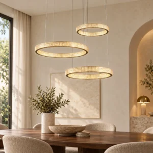 Textured Gold Staggered Triple Ring Chandelier, 125 cm in brushed brass — front view