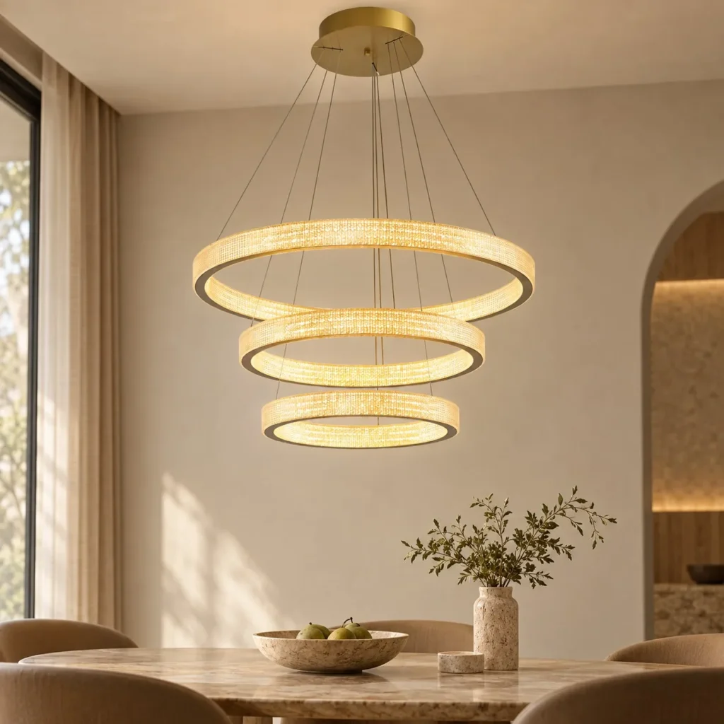 Textured Gold Triple Ring Chandelier, 105 cm in brushed brass — front view