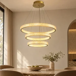 Textured Gold Triple Ring Chandelier, 105 cm in brushed brass — front view
