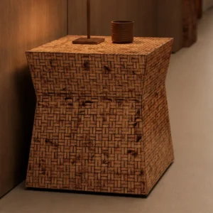 Textured Hand-Woven Bamboo Side Table for Dressing Room in clay — front view