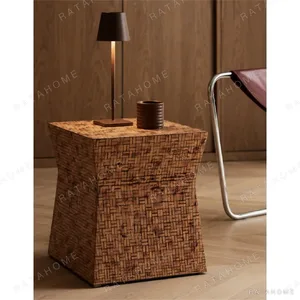 Textured Hand-Woven Bamboo Side Table for Dressing Room in clay — in a room setting