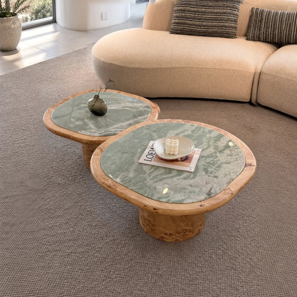 Turquoise Green Marble Coffee Table Pair on Burl Wood Bases in olive — front view