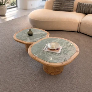 Turquoise Green Marble Coffee Table Pair on Burl Wood Bases in olive — front view