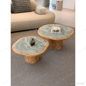 Turquoise Green Marble Coffee Table Pair on Burl Wood Bases in olive — in a room setting