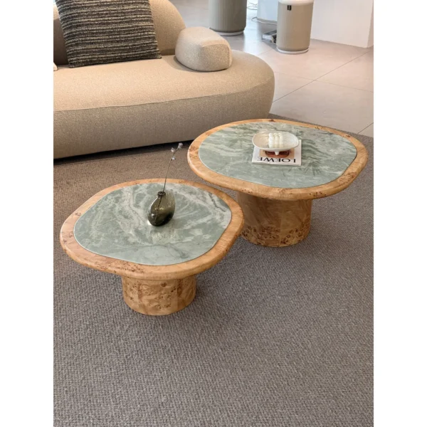Turquoise Green Marble Coffee Table Pair on Burl Wood Bases in olive — in a room setting