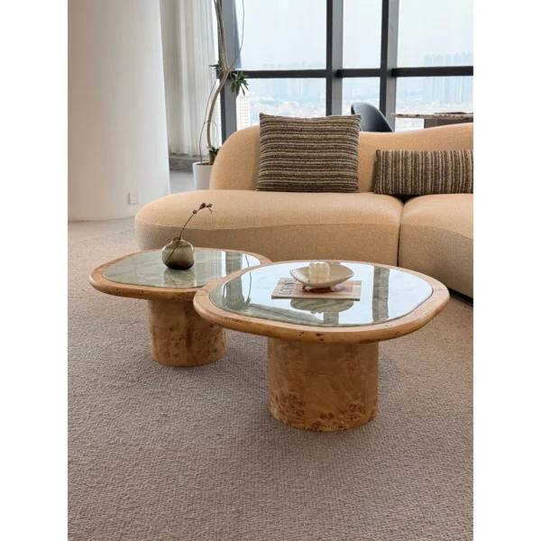 Turquoise Green Marble Coffee Table Pair on Burl Wood Bases in olive — in a room setting