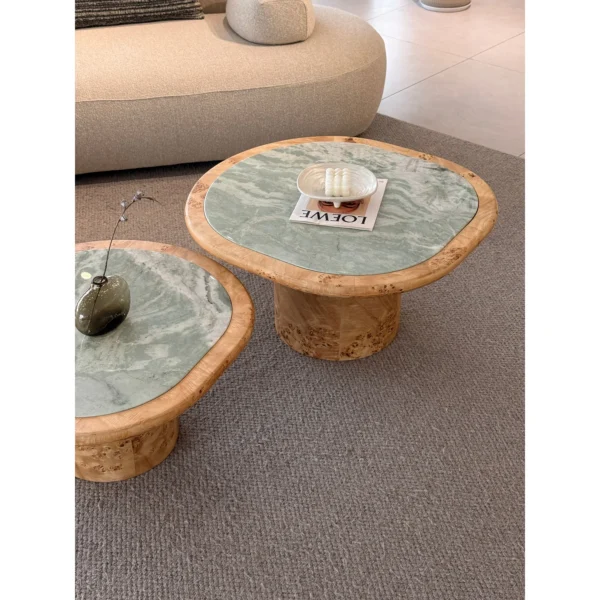Turquoise Green Marble Coffee Table Pair on Burl Wood Bases in olive — in a room setting