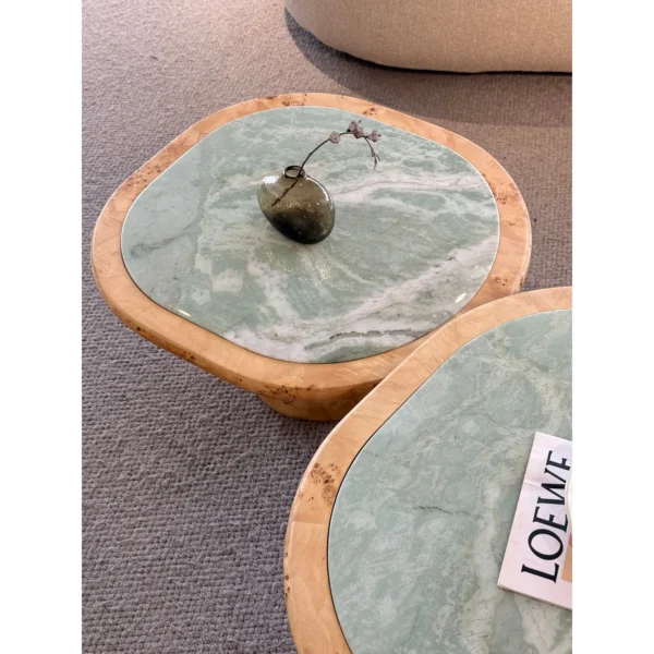 Turquoise Green Marble Coffee Table Pair on Burl Wood Bases in olive — in a room setting