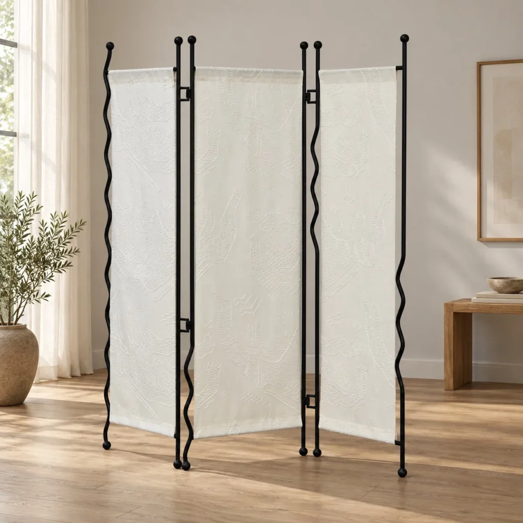 Tiger Jacquard Velvet Screen on Wrought Iron Frame in oatmeal — front view