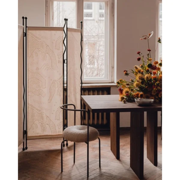 Tiger Jacquard Velvet Screen on Wrought Iron Frame in oatmeal — in a room setting