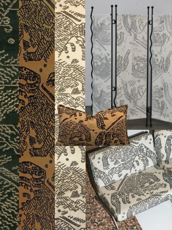 Tiger Jacquard Velvet Screen on Wrought Iron Frame in oatmeal — in a room setting