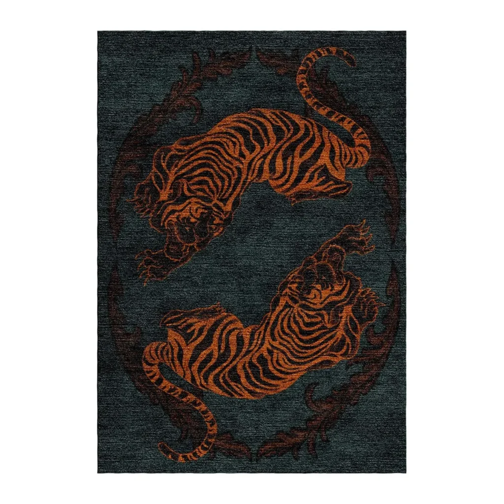 Twin Tiger Totem Rug in Rust on Teal — front view