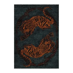 Twin Tiger Totem Rug in Rust on Teal — front view