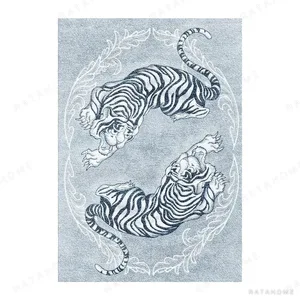 Twin Tiger Totem Rug in Rust on Teal — in a room setting