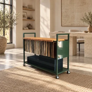 Green Metal Mobile Trolley with Hanging Rail and Drawers in olive — front view