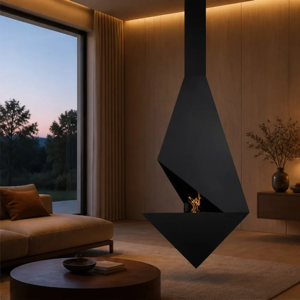 Timothy Suspended Diamond Fireplace, 105 cm in black — front view