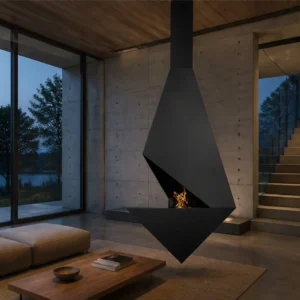 Timothy Suspended Diamond Fireplace, 105 cm in black — in a room setting